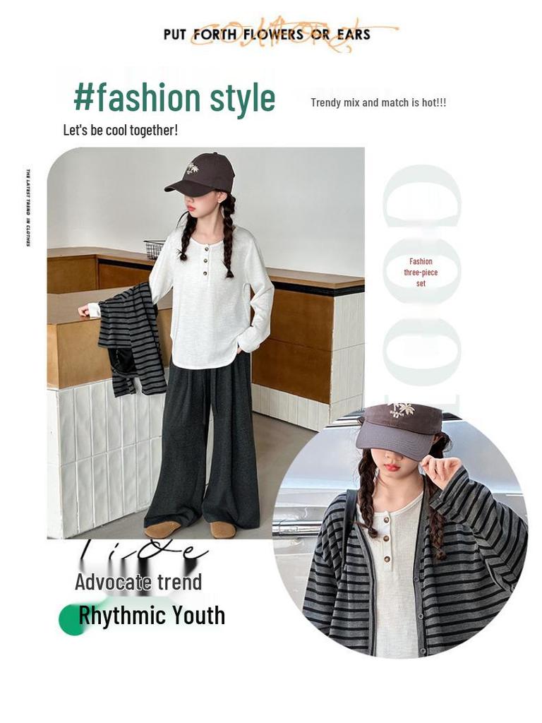 Mädchen 2025 Gestreiftes Cardigan-Set - Herbst/Frühling Koreanischer Stil 3-teiliges Outfit