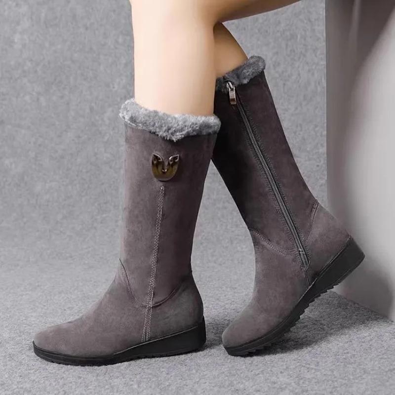 Damskie Buty Zimowe do Połowy Łydki Duży Rozmiar Pluszowe Wnętrze Skośny Obcas Bawełniane Buty Zamek Boczny Antypoślizgowe Śnieg Płaskie Buty Botas Mujer