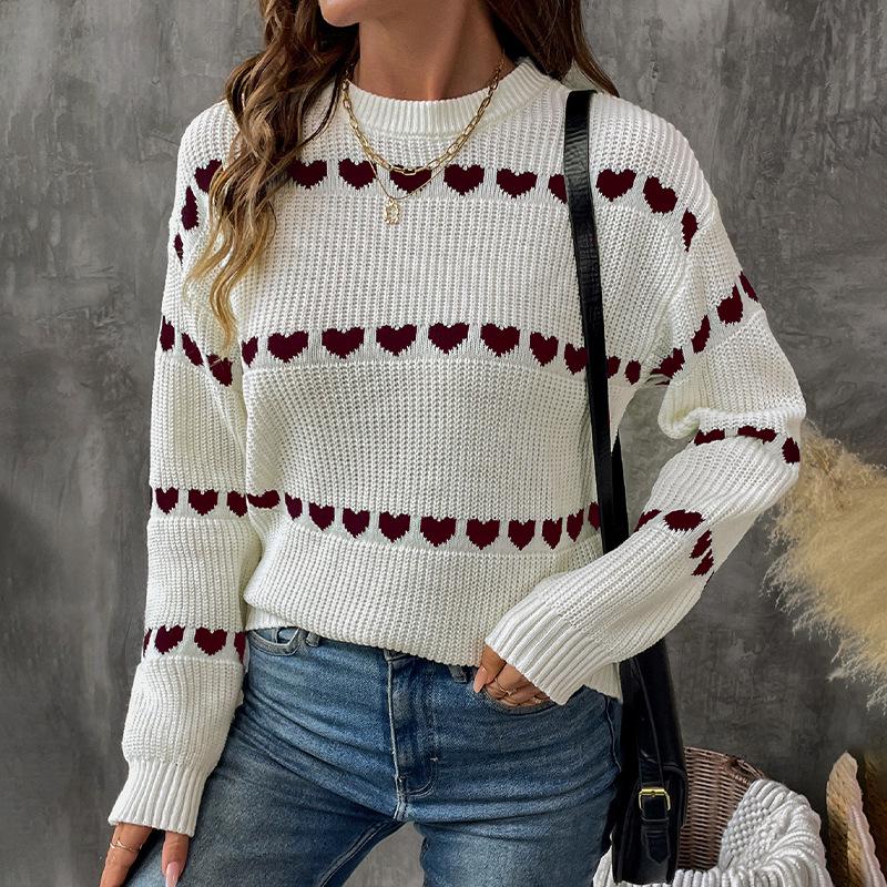 2026 Valentine s Day Heart Pattern Round Neck Sweater - European/American Autumn/Winter Women s Knitwear Medium красный