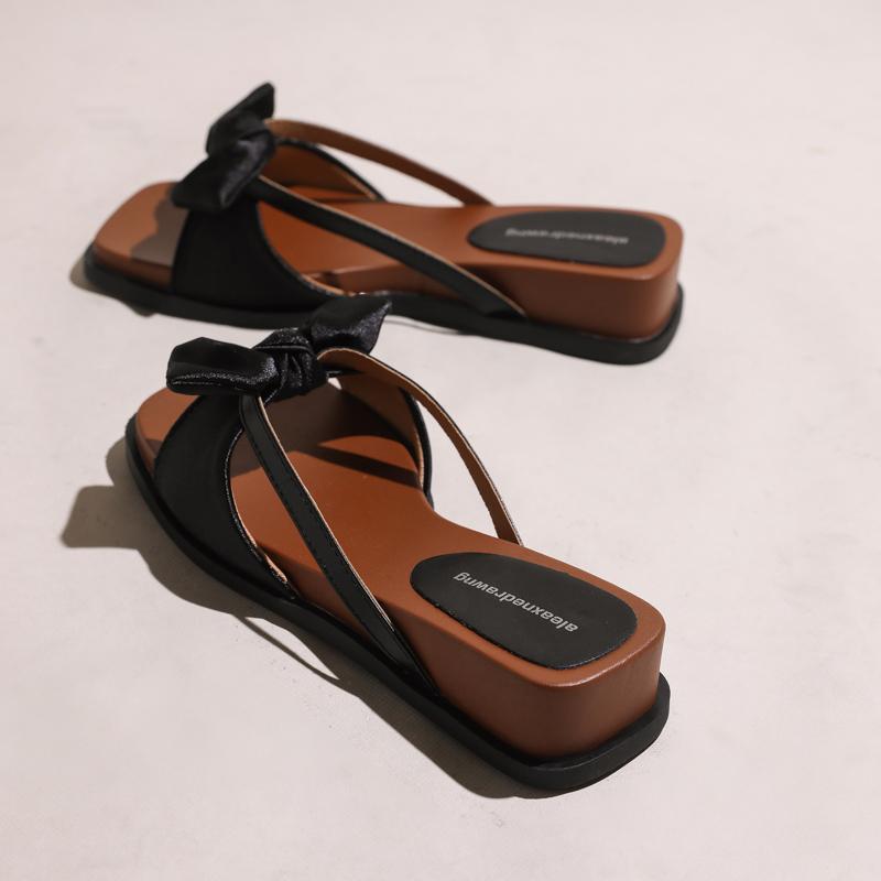 Fashion Bow Women Wedges Slippers Square Toe Heeled Shoes Fashion Party Sandals Designer 2025 New Summer Woman Flip Flops Dress Zapatos