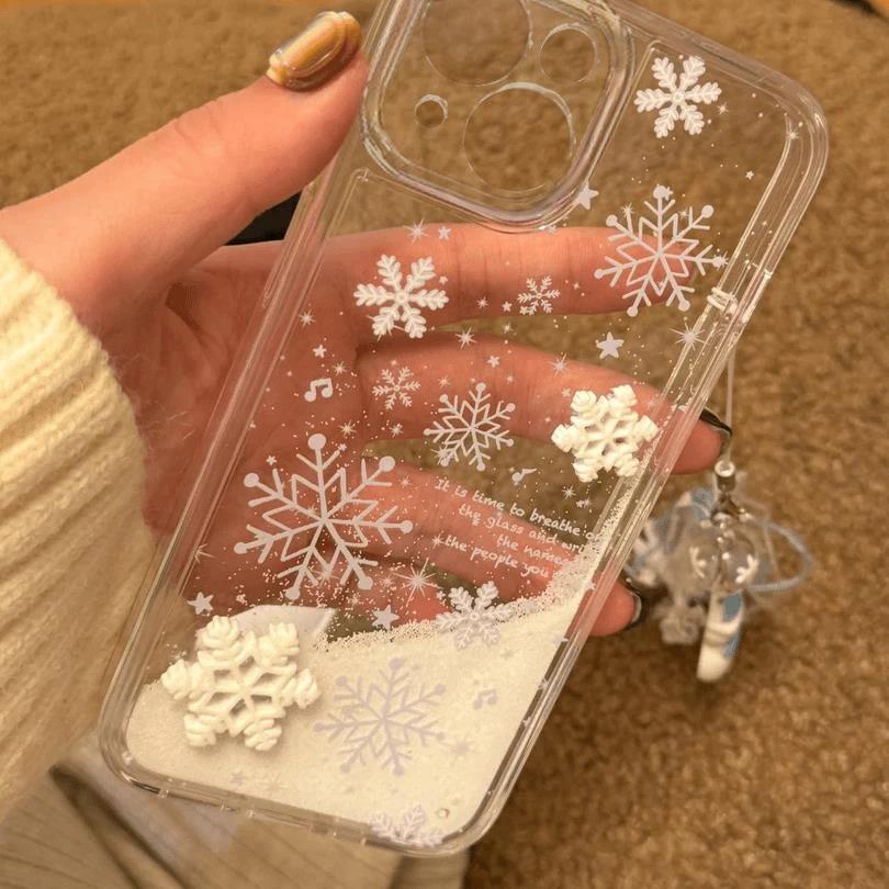 Winter Snowflake Quicksand Phone Case with Charm, Clear TPU Cover for iPhone with Snowman Pendant
