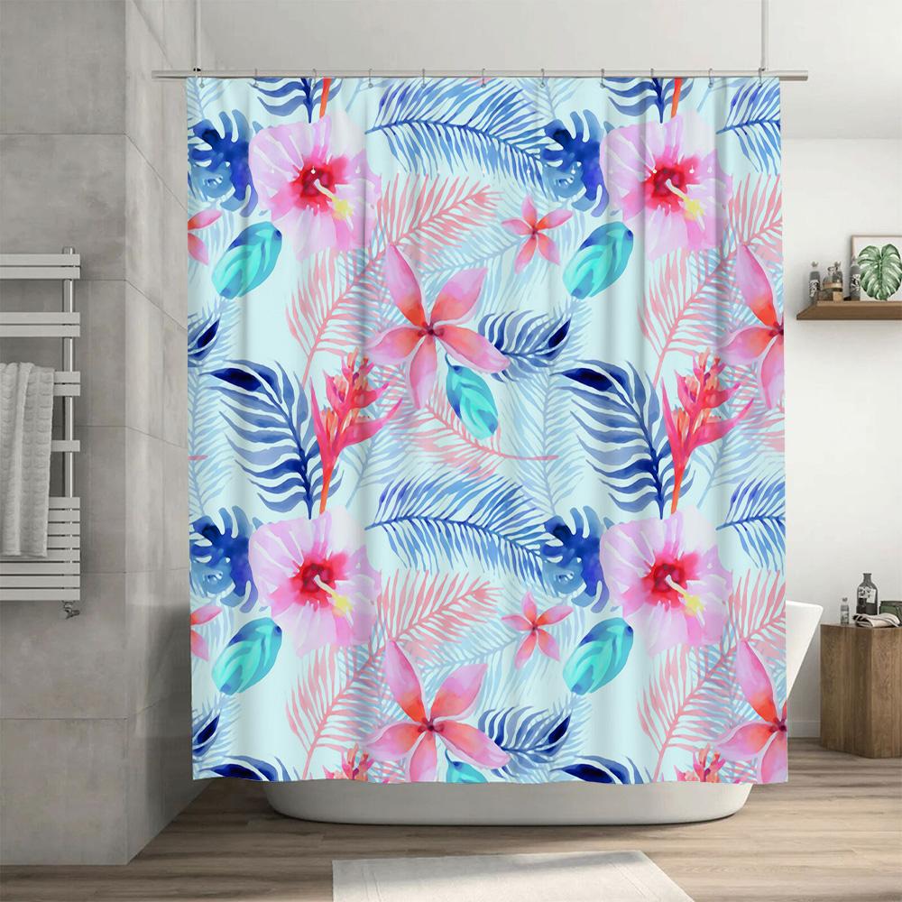 Colorful Tropical Leaf Pattern Shower Curtain Waterproof Bathroom Decor Home Decoration Blue Pink Red White Bath Mat Cover Large