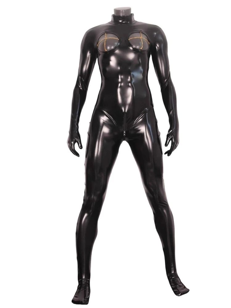Sexy Women Pu Glove Sleeve Full Body Jumpsuit Zipper Crotch Bodysuit Sexy Tights Faux Leather Open Bust Stage Maid Leotard