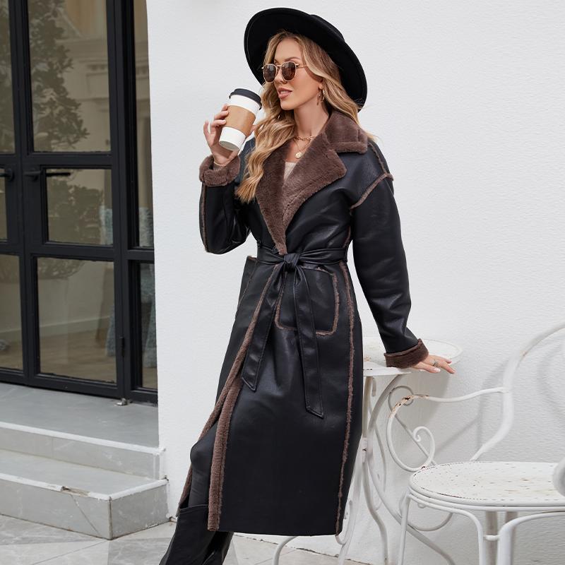 ziai 2025 Winter Damen Jacke aus Kunstleder Lang Warm Plüsch Fellkragen Wattierter Mantel Mode Tasche Weiblich PU Leder Parkas K18