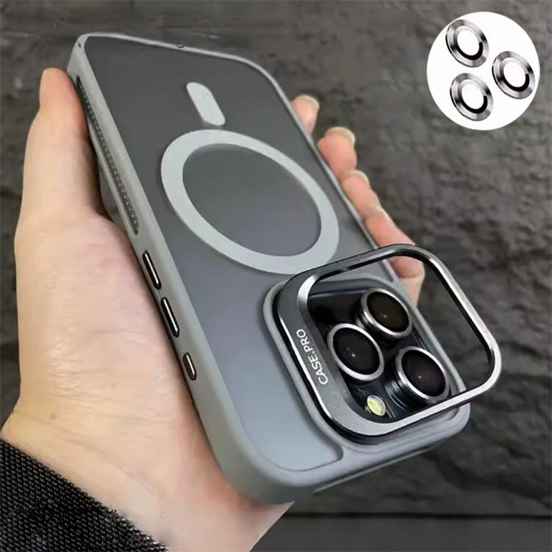 For Magsafe Stand Glass Lens Protection Phone Cases For iPhone 16 15 14 13 12 11 Pro Max Plus Shockproof Matte Magnetic Cover