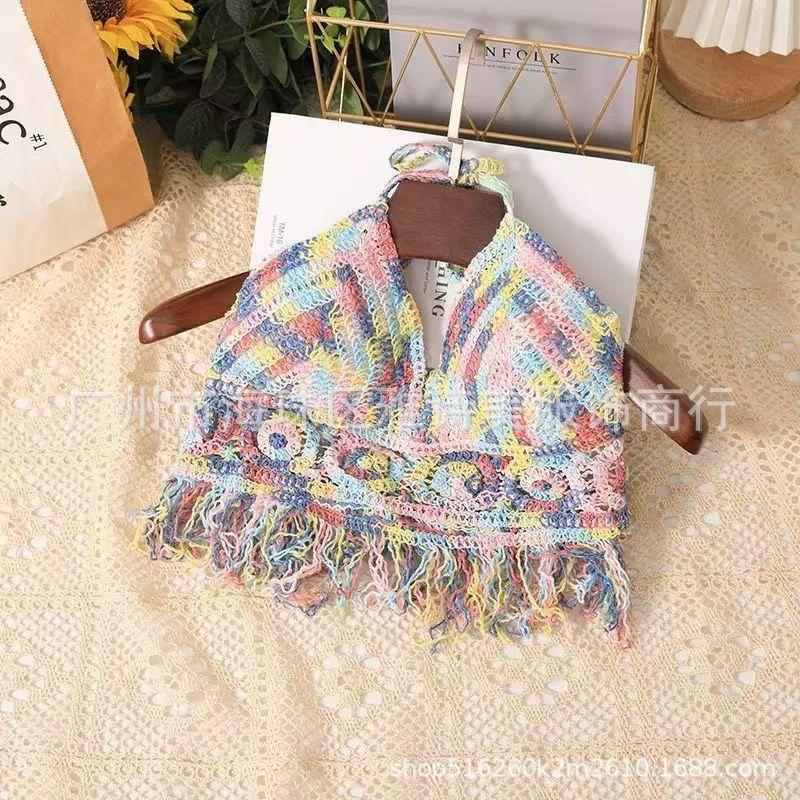 New fashionable and sexy tube top with small suspenders for women's summer seaside beach lace-up hollow knitted neck top