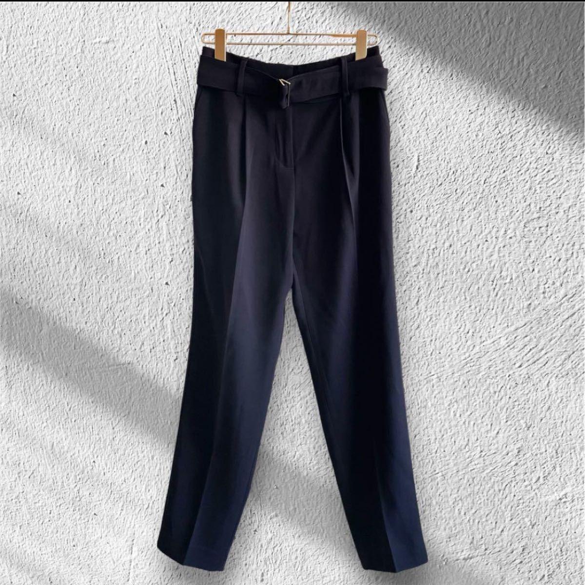 PLST Plaste Back Satin Stretch Tapered Pants with Thick Belt Navy L Slacks Washable Elastic Waist