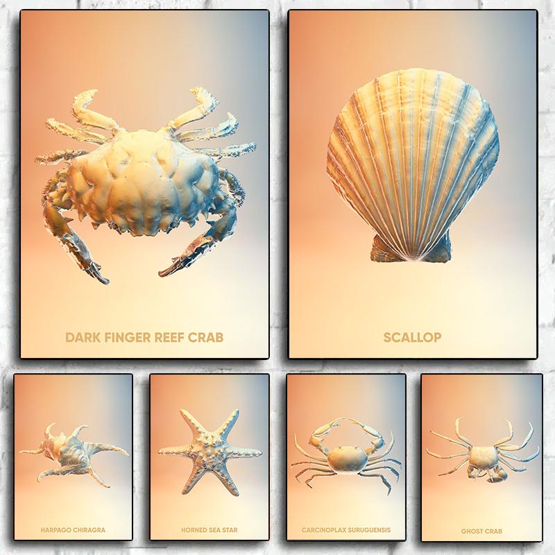 Vintage Crab Ocean Animals Posters Print Canvas Painting Scallop Sea Star Nordic Wall Art For Living Room Home Decoration Mural
