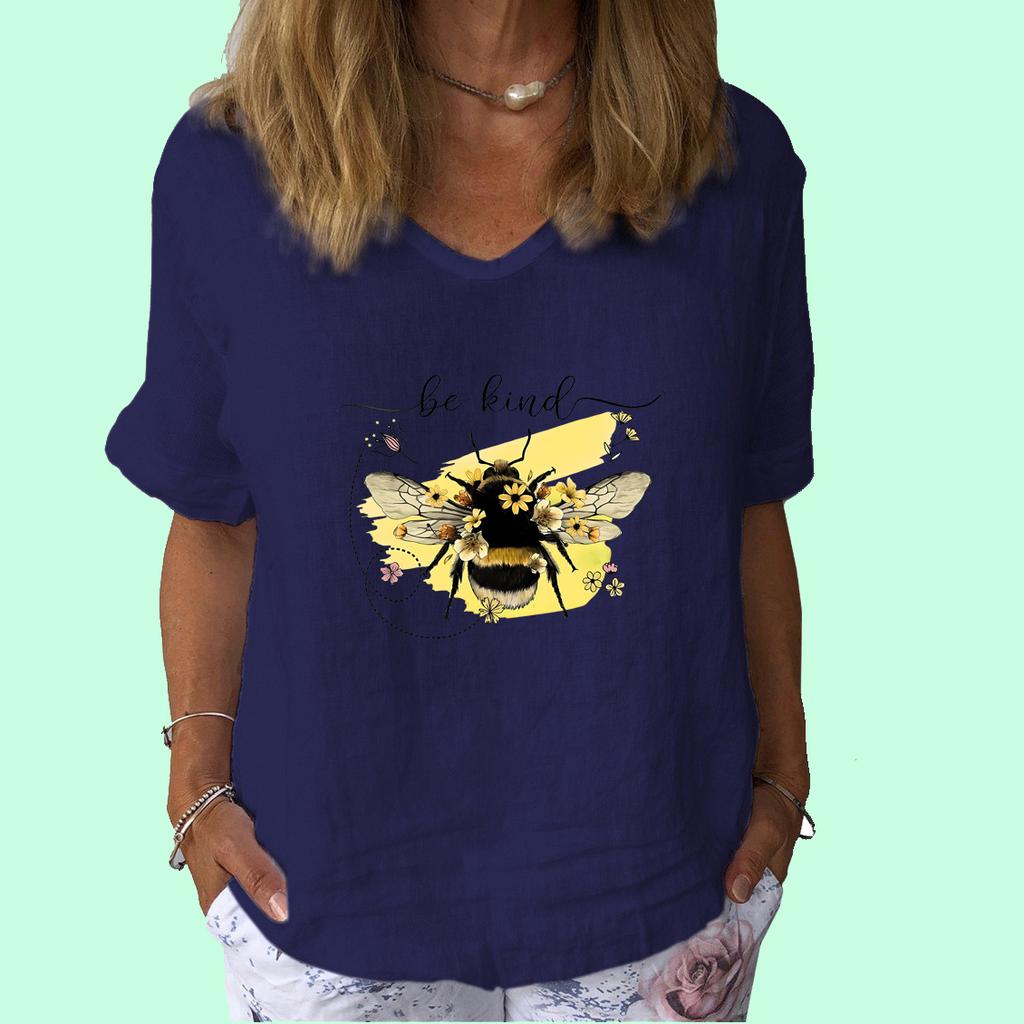 Women Fashion V Collar Short Sleeve Top Summer Casual Cotton Linen Shirt Ladies Print T-shirt