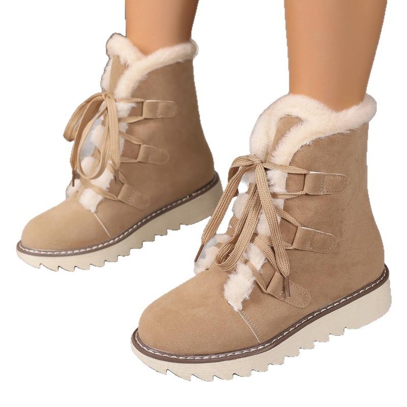 Women's Wide Width Lace-Up Snow Boots, Plush Lined Platform Winter Booties, European Style Outdoor Boots for Women