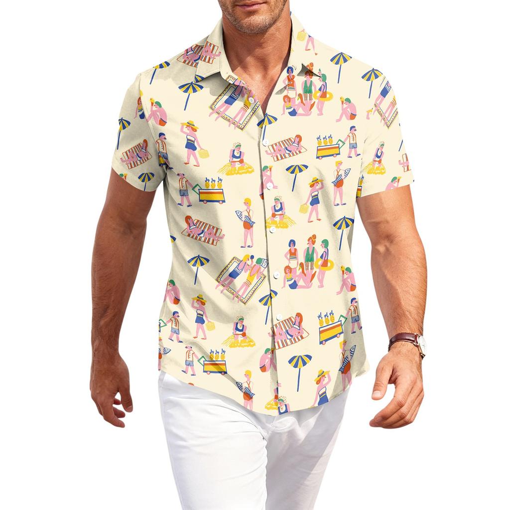Men's Casual Short Sleeve Button Down Shirt Loose Fit Printed Tropical Palm Tree Pattern Lightweight Summer Beach Shirt