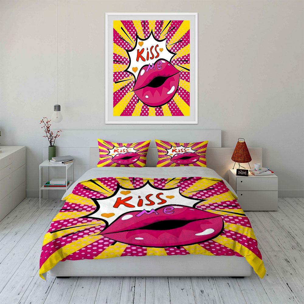 Pop Art Style Romantic Gift Set  Kid'S And Adults' Bedroom Decor, Exquisite Three-Piece Bedding Set Gift