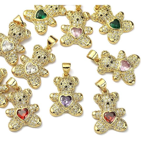 LiQunSweet 12 Pcs 6 Colors Golden Crystal Heart Charms Brass Micro Pave Cubic Zirconia CZ Stone Mini Charm Bulk for Necklace Earrings Jewelry Making