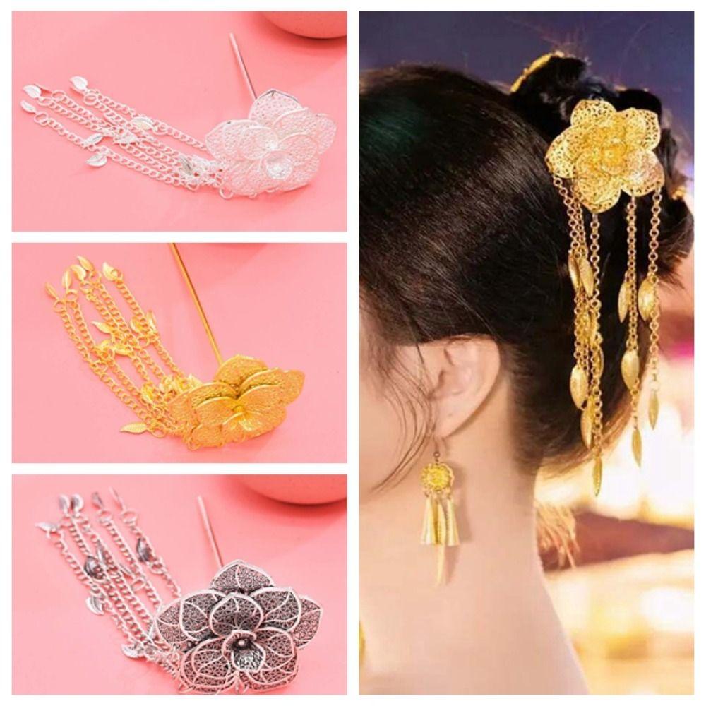 

Ethnic Style Golden Tassels Hair Fork Ancient Silver Rose Hair Sticks Wedding Silver