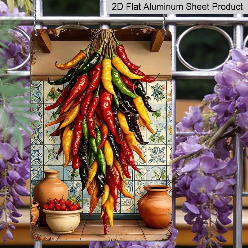 2D Flat 1pc Vintage Chili Pepper Harvest Metal Wall Art-12x8 Inch Rustic Aluminum Tin Sign with Vibrant Red, Green, Yellow, Orange & Chili Peppers