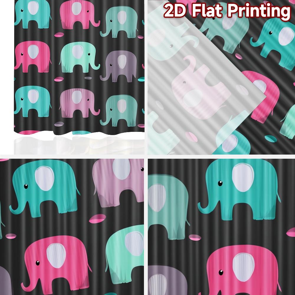 2D Flat Printing 2pcs Curtain Scene Curtains Colorful Elephants On Dark Background Digital Printed Polyester Drapes Festive