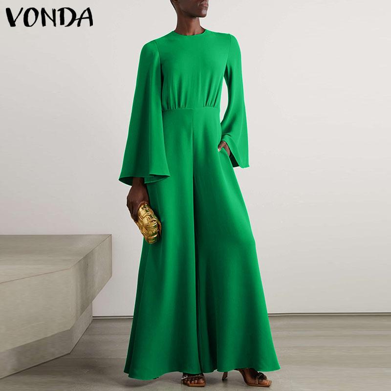 

Женский однотонный свободный комбинезон VONDA с ​​круглым вырезом и расклешенными длинными рукавами XL синий