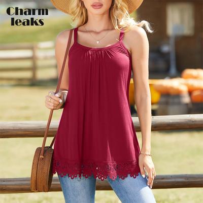 Lace Hem Camisole Top for Women Built In Bra Adjustable Straps Tank Top Summer Pleated Loose Sleeveless Tops S-3XL