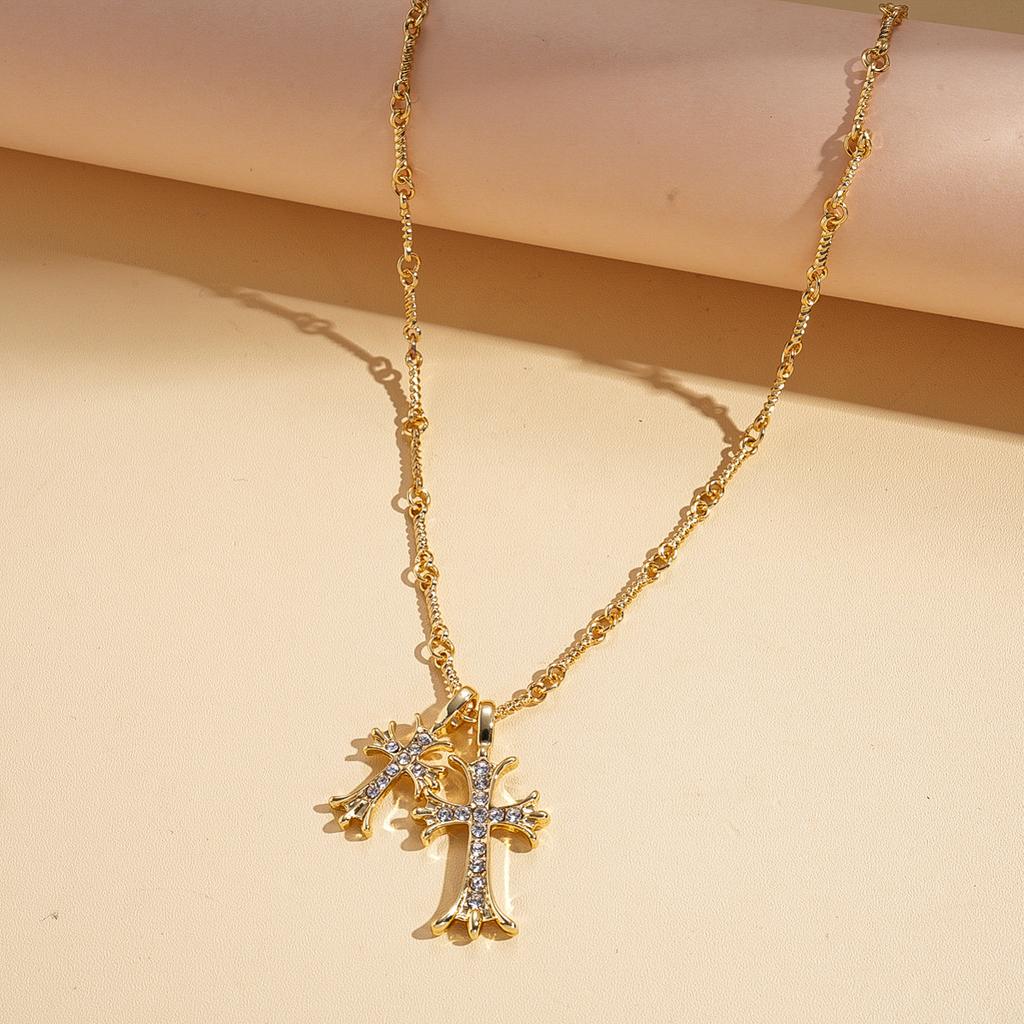 18k Real Gold Electroplated Diamond Set Double Cross Pendant Sweater Chain Necklace