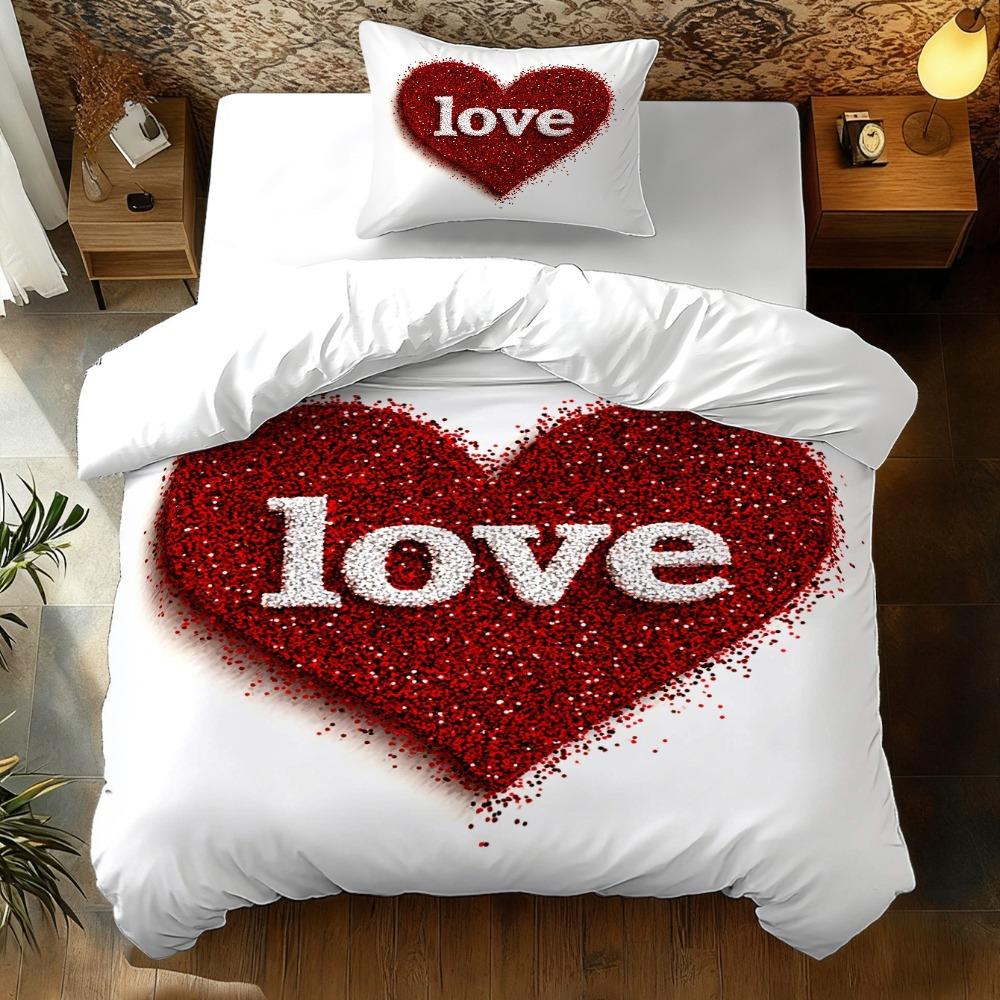 Love Printed Comfortable Bedroom Duvet Cover And 1/2 Pillowcases Set Digital Print Machine Washable Bedding Collection