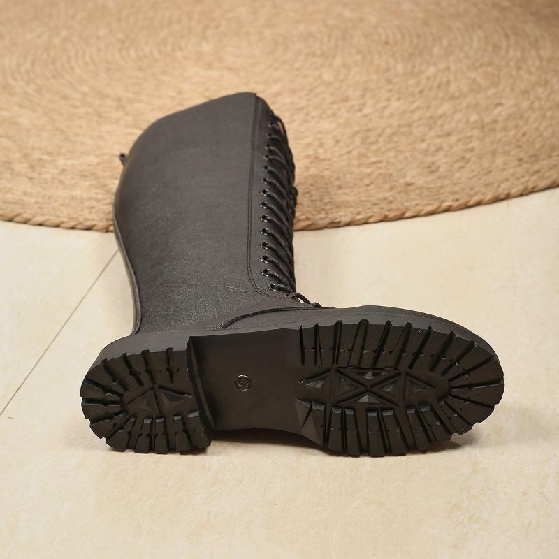 Winter New Thick Heel Single Boots Women's Round Head Splicing Front Strap Soft Sole Anti-slip Wear-resistant High Boots