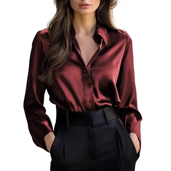 Women Shirt Lapel Long Sleeve Single Breasted Shirt Tops Smooth Fabric Satin Office Lady Shirt Versatile Autumn Wear
