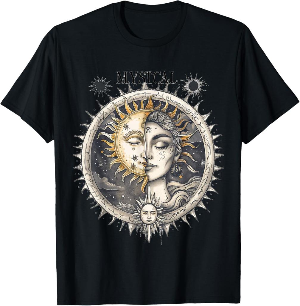 Mystical Sun Moon Face Woman Graphic Tee Soft Cotton Casual Round Neck T-Shirt for Men