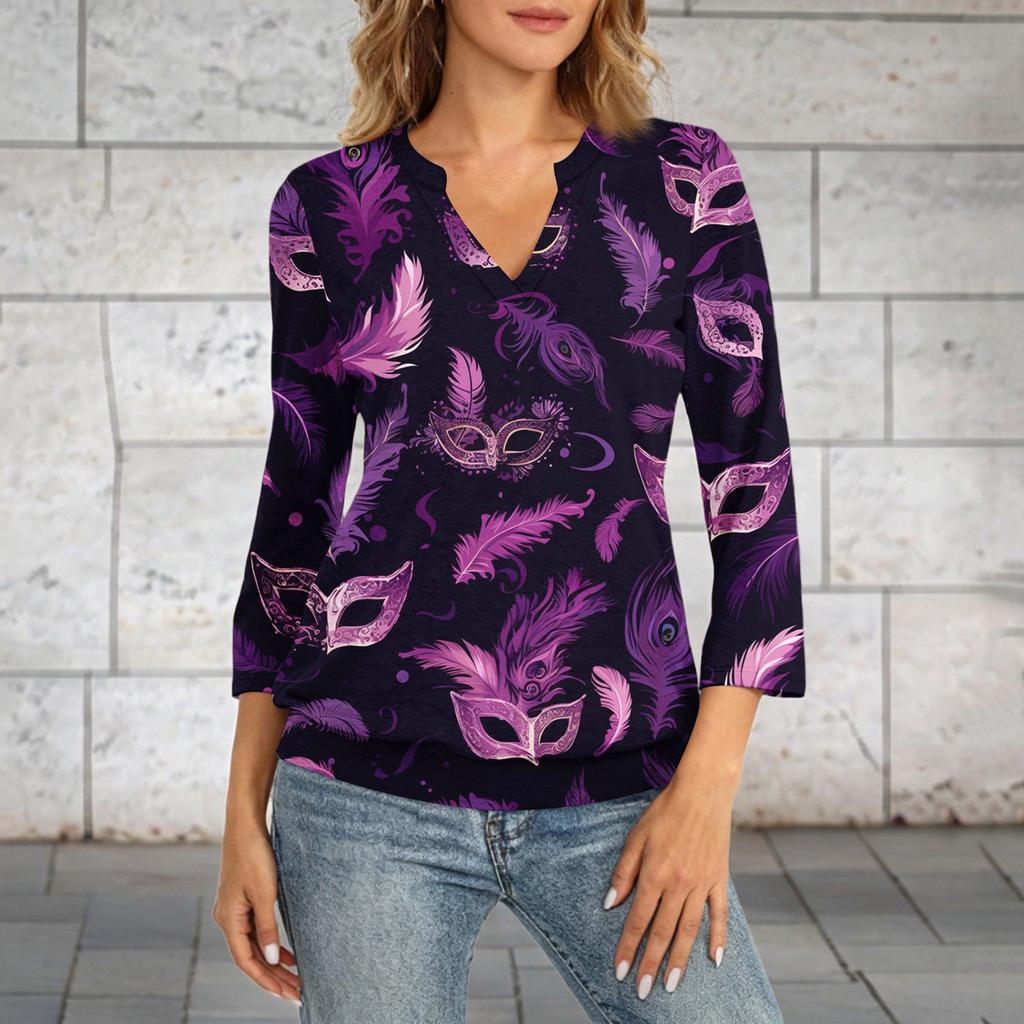 Women's 3/4 Sleeve Top With Cuffed Hem, V-Neck, Summer Casual -Shirt, Carnival Printed Top