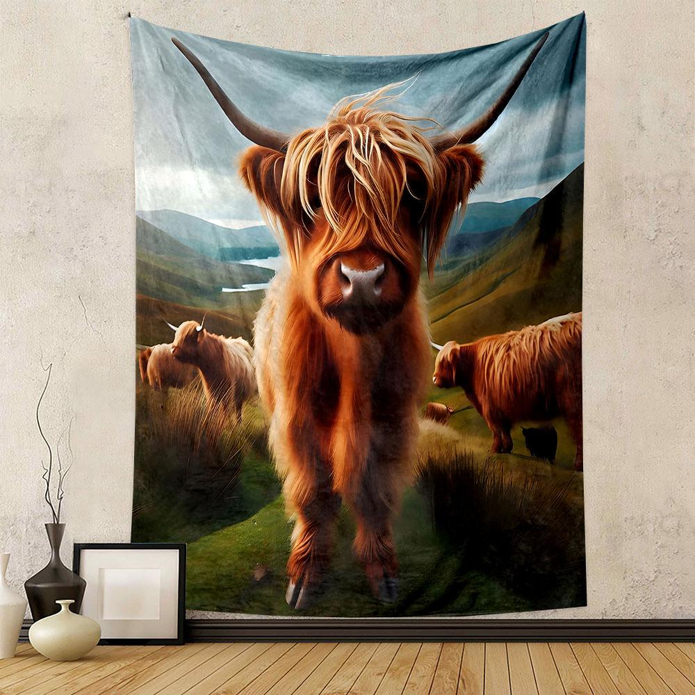 Highland Cow in Scenic Green Hills Patterned Tapestry Decorative Wall Hanging, Home Bedroom Living Room Decor