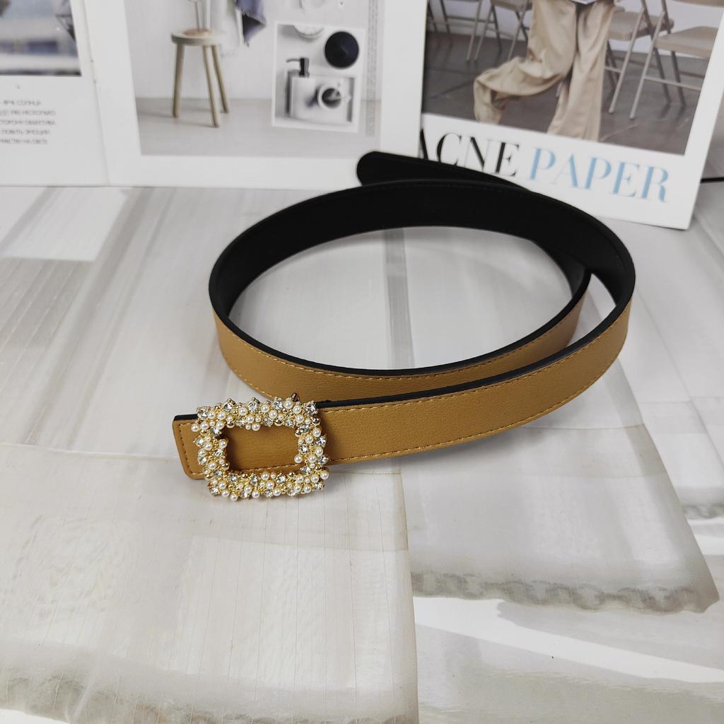 Lychee Pattern Colored Cowhide Belt Women'S Square Pearl Diamond Smooth Buckle Simple Jeans Belt Women