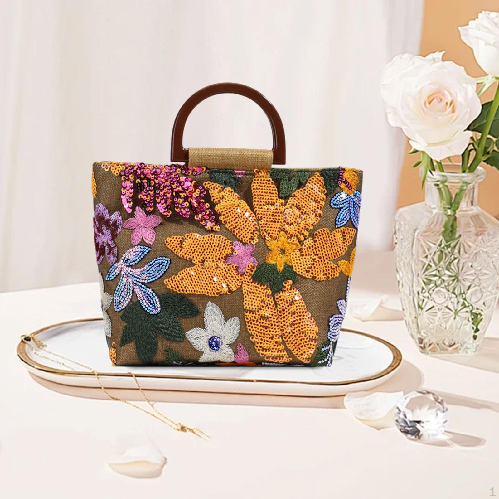 

Пляжная наплечная сумка с пайетками, вышитая цветами, сумка-тоут, женский кошелек, вечерняя для отдыха жёлтый