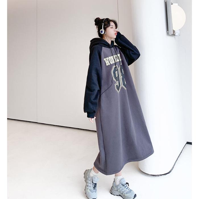 

YYFS Женская мода Осень Зима Длинный рукав С капюшоном Свободная талия Повседневные платья XL темно-серого