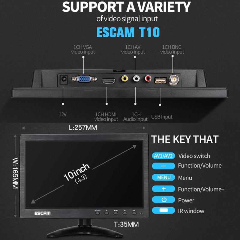 Buy ESCAM T10 10 Inch TFT LCD 1024x600 Monitor PC CCTV Security Camera ...