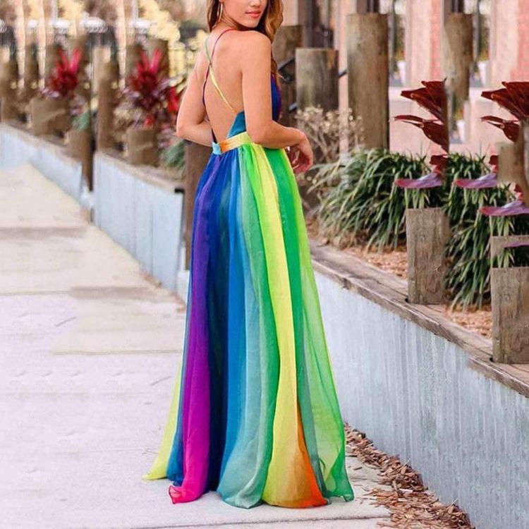 Deep V Halter Summer Casual Long Rainbow Dress Women