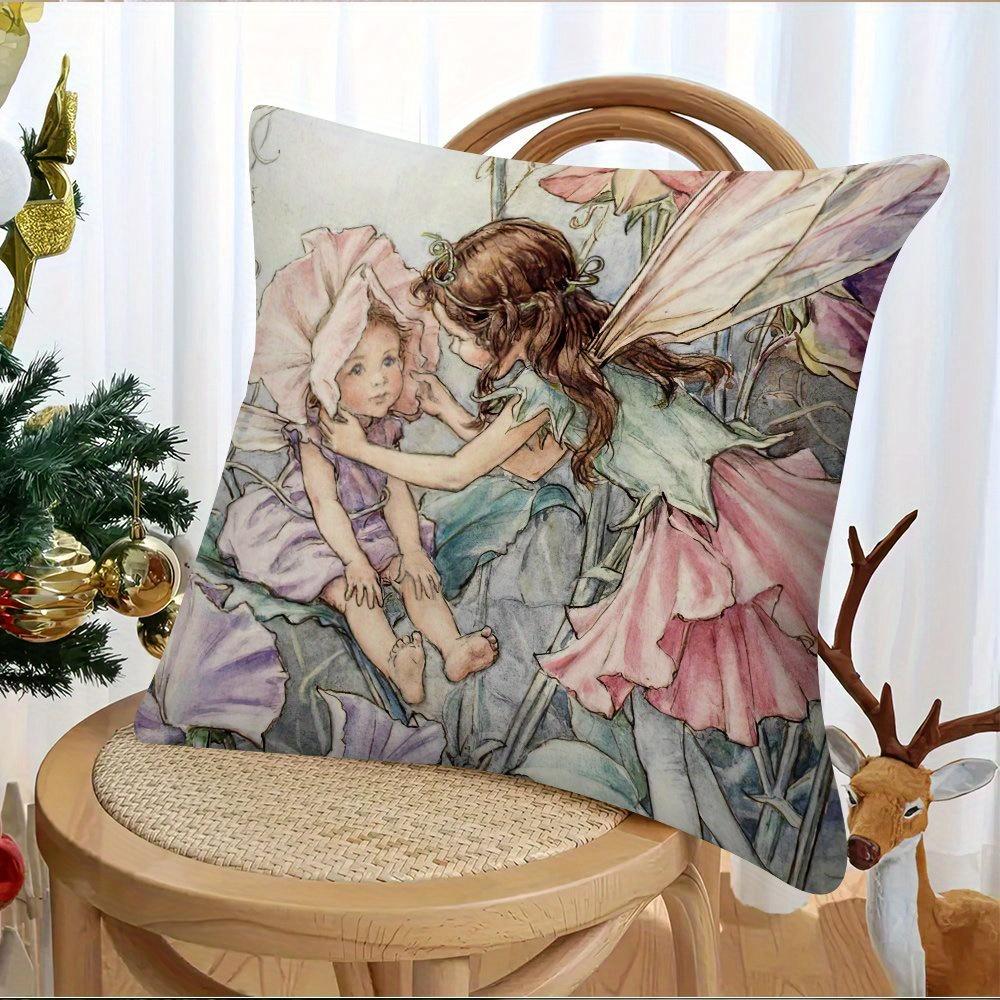 Vintage Flower Fairy Pillow Cover Watercolor Print Whimsical Floral Decor Soft Cozy For Sofa Bed Living Room Fairy Tale Gifts