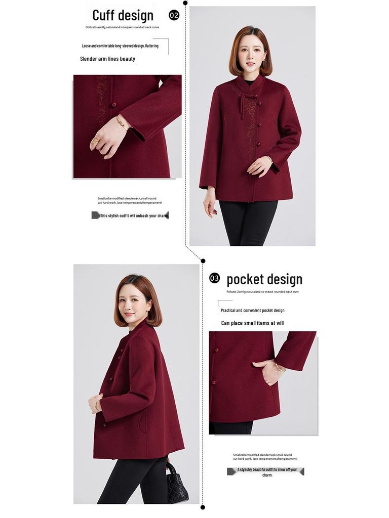 Damen Doppelseitiger Kaschmir-Wollmantel - Bestickt, Modische Kurze Jacke für Mittleren Alters & Ältere (Herbst Winter)