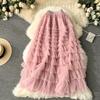 Summer Women Elegant Ruffles Mesh Elstic Waist Long Midi Cake Skirt