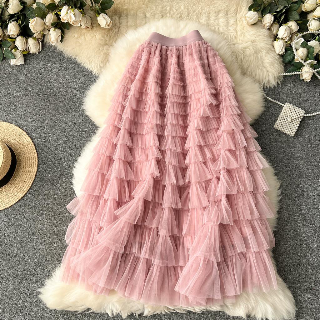 Summer Women Elegant Ruffles Mesh Elstic Waist Long Midi Cake Skirt