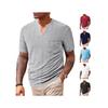 Fashion Year Men's Clothing, European and American Summer New Sports and Leisure Loose Solid Color Full Polyester Imitation Hemp V-neck Men's Short Sl