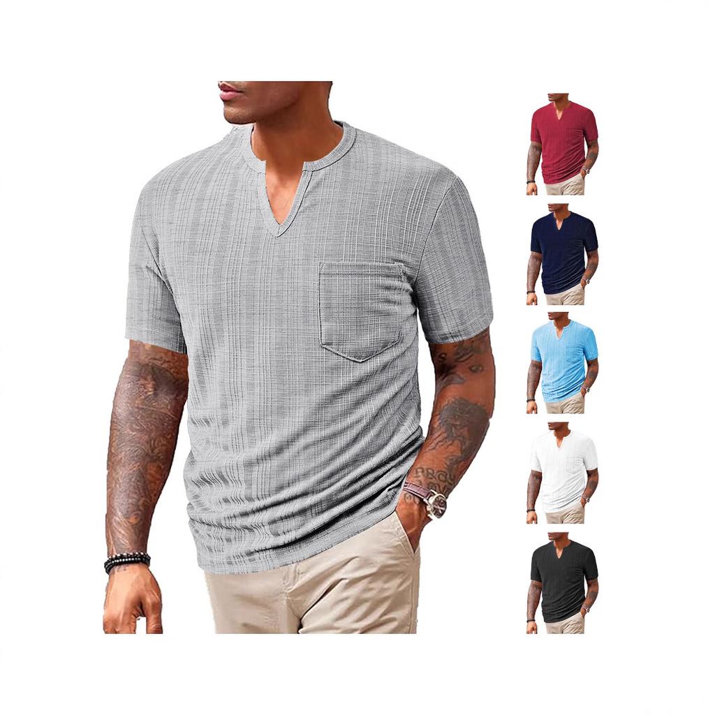 Fashion Year Men's Clothing, European and American Summer New Sports and Leisure Loose Solid Color Full Polyester Imitation Hemp V-neck Men's Short Sl