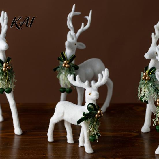 Winter Theme Table Centerpieces White Flocked Elk Ornament, Ribbon Bell Decor 3D Standing Deer Christmas Tabletop Ornaments Figurine, Decorative