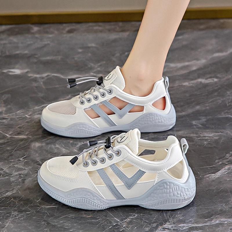 Women's shoes 2025 new summer breathable mesh hollow thin little white shoes one pedal light sports sandals explosion
