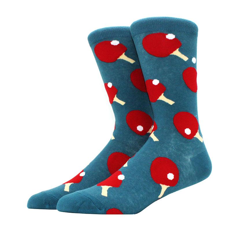 Roliga glada herrstrumpor med grafisk design, kammad bomull, omelett, groda, galen klocka, lax, majs, fågel, fisk, strumpa, julklapp