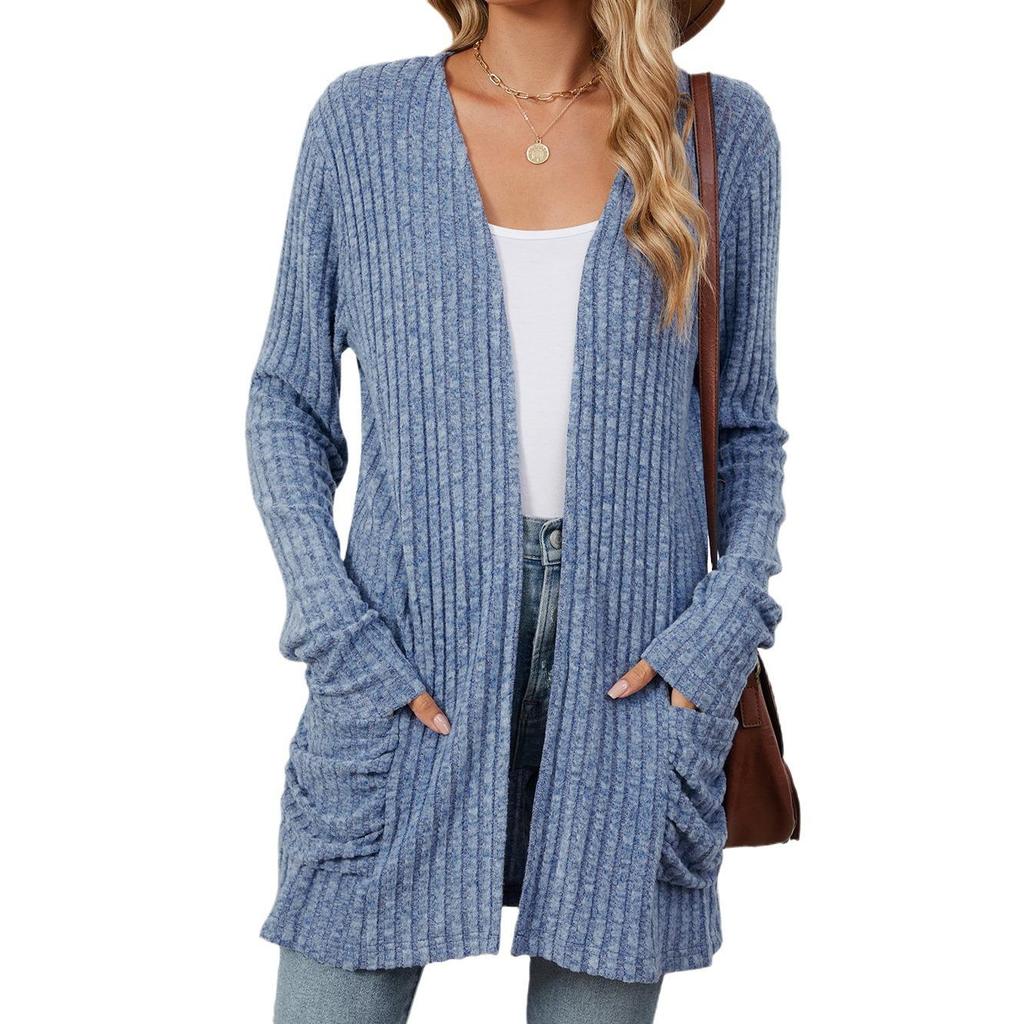 2024 Autumn/Winter Solid Color Long-Sleeve Pocket Cardigan Knitwear