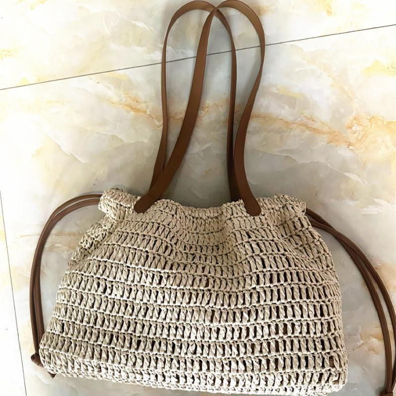

Drawstring Straw Bag for Women Top Handle Bag Summer Beach Woven Boho Rattan Large Capacity Tote Ladies Shopper Clutch бежевый