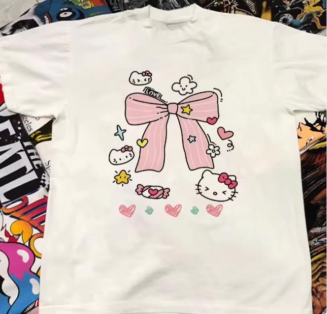 

2026 HelloKitty Sanrio Printed Cotton TShirt Summer Cartoon Design Childrens Roundneck Fashion LooseFitting Casual Wear S