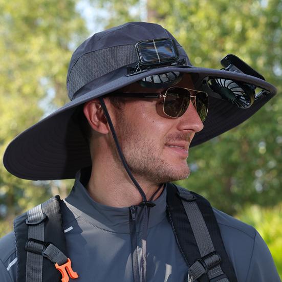Fisherman Hat, Outdoor Sun Hat with Dual Power Solar USB Rechargeable Fan, Wide Brim Sun Protection Hat for Fishing Camping Hiking Gardening