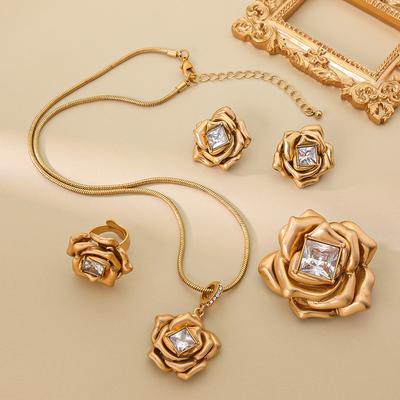 Medieval Vintage Jewelry Set Vintage Rose With Zircon Necklace Brooch Ring Stud Earrings