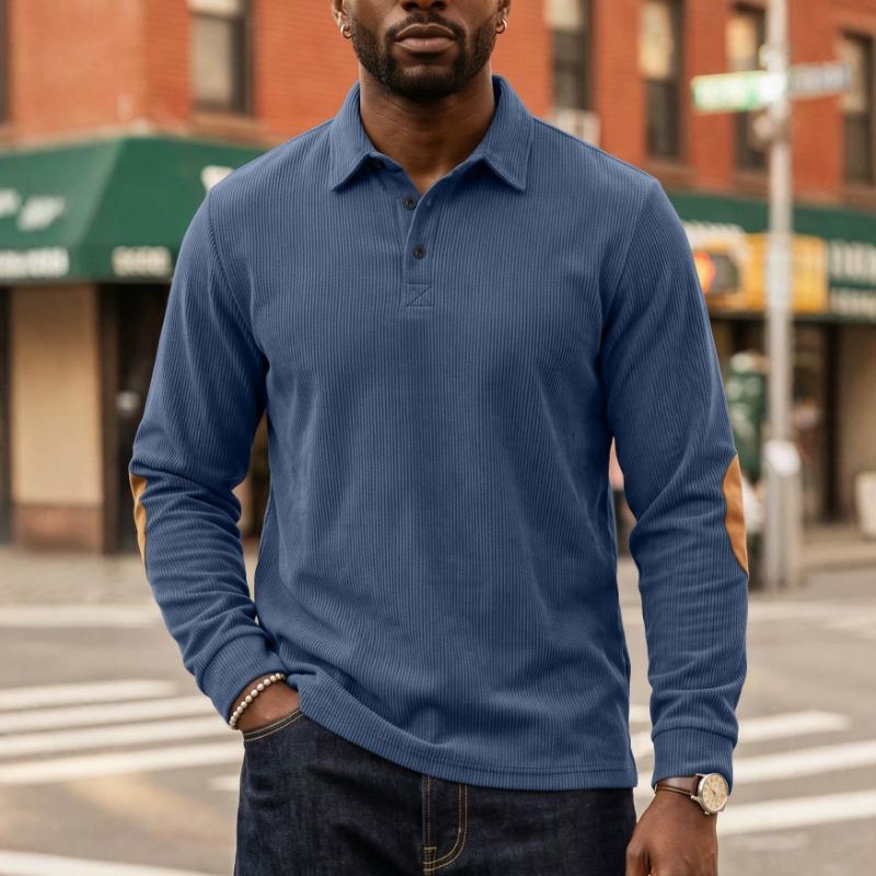 Men S Long Sleeve Collared Color Block Casual Polo Shirt