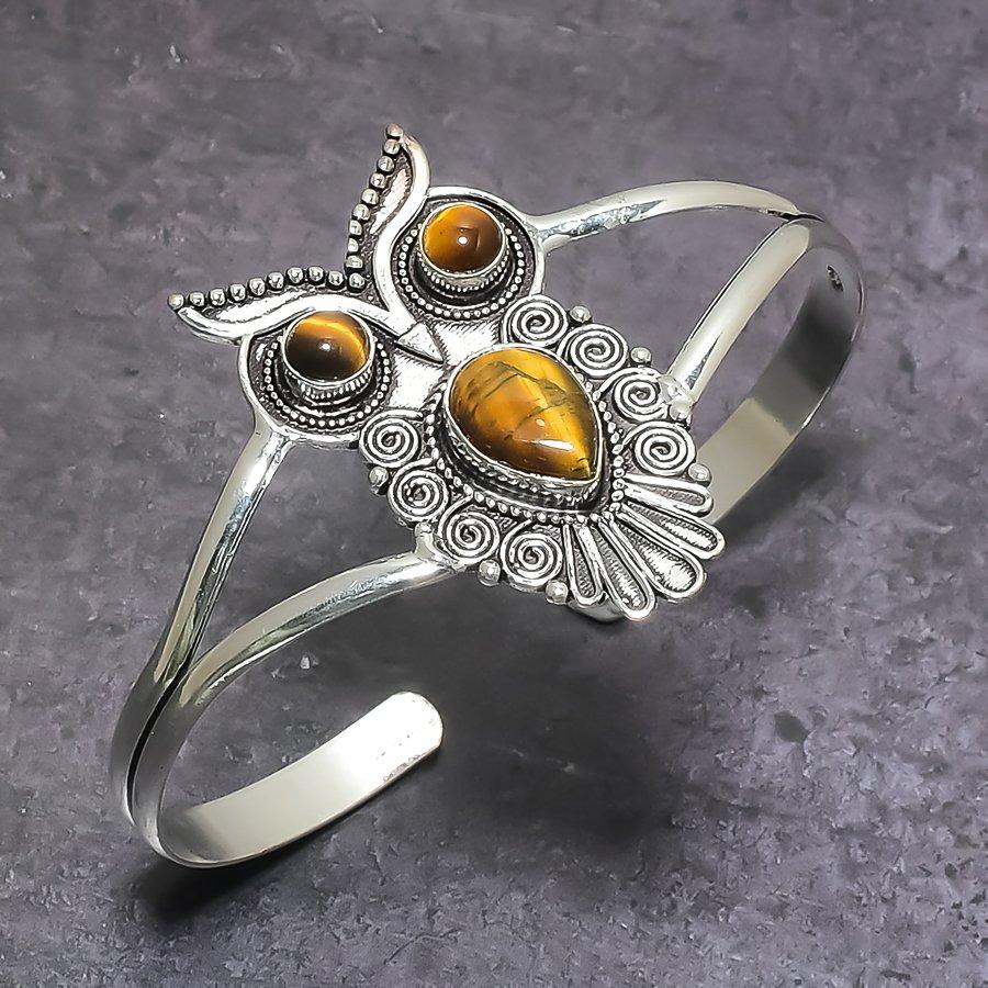 Natural Tiger Eye Gemstone 925 Sterling Silver Cuff Bangle Adjustable a1M79